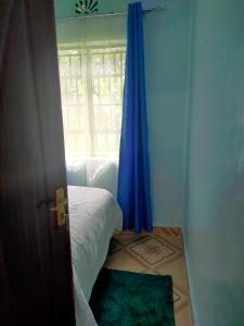 a bedroom with a bed and a blue curtain at Mini farmhouse in Kakamega