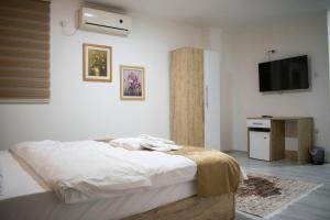 sypialnia z łóżkiem i telewizorem z płaskim ekranem w obiekcie Hotel In the heart of Old Bazaar with private parking w mieście Skopje