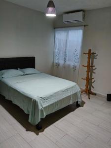 图斯特拉古铁雷斯Sagitario dpto的一间卧室配有一张床,窗户配有加热器