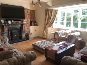 St Annes House Double Room 5 في بلايموث: غرفة معيشة مع كنب وتلفزيون ومدفأة
