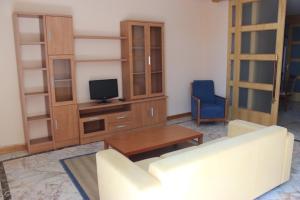 Una sala de estar con un sofá blanco y un televisor. en Semidiáfano Santa Teresa, en Ávila