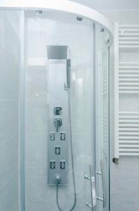 y baño con ducha y puerta de cristal. en Apartamento Los Colonia, en Burgos