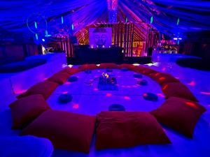 a room with a couch and a stage with purple lights at Domaine pour 21 pers avec SPA et GRANGE Festive in Saint-Justin