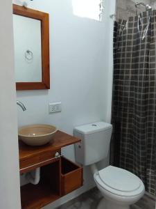 a bathroom with a toilet and a sink and a shower at Calle 3 1526 in Santa Teresita +34 photos