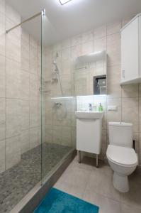 Un baño con inodoro, ducha y lavabo. en Panoramic view of the lake in the new apartment, en Kiev