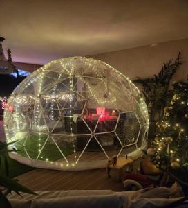 a large glass orb in a living room with a christmas tree at il était une fois in Flassans-sur-Issole