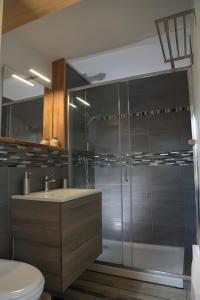 Un baño con ducha, lavabo e inodoro. en Chambres D'hôtes Le Palmier, en Saint-Michel-Mont-Mercure