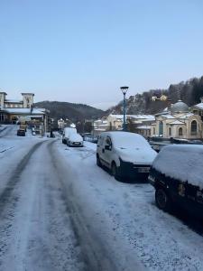 a street covered in snow with cars parked on it at Studio 2 personnes in La Bourboule +5 photos