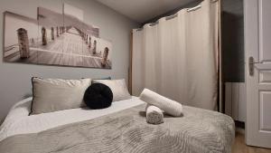 a bedroom with a bed with two pillows on it at Appartement MVM Jacuzzi proche Saint-Malo in Plouër-sur-Rance