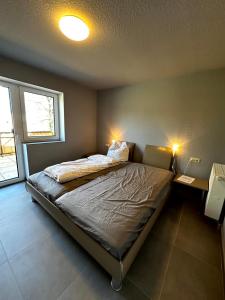 En eller flere senge i et værelse på Ferienhaus Rimpar