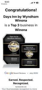 Certifikát, hodnocení, plakát nebo jiný dokument vystavený v ubytování Days Inn by Wyndham Winona