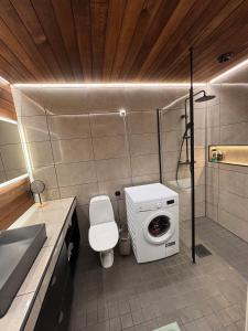 a bathroom with a toilet and a washing machine at Stylish and cozy apartment in Rovaniemi