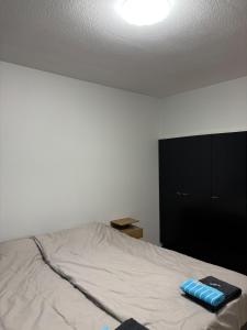 a bedroom with a bed and a black cabinet at Stylish and cozy apartment in Rovaniemi +2 photos
