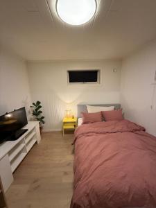 een slaapkamer met een bed en een flatscreen-tv bij Sea breeze & silence - Kvaløysletta in Tromsø