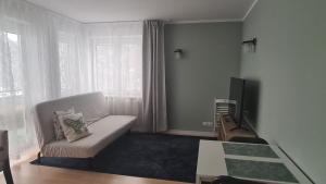 a living room with a couch and a television at Apartament Leśny Ząbki in Ząbki