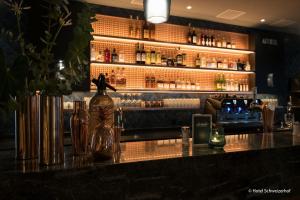 a bar with a counter with bottles and glasses at Schweizerhof Ferienwohnungen Lenzerheide 1 in Lenzerheide
