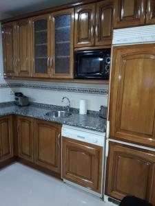 Una cocina con armarios de madera, fregadero y microondas. en Apartamento El Fondon 1, en Cangas de Onís