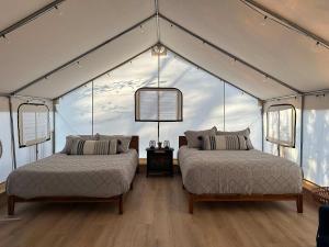 a bedroom with two beds in a tent at Blue Heron's Nest - Glamping Tent in the Gorge with AC in Rogers