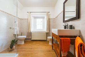 a bathroom with a sink and a toilet and a mirror at In-giardino in Osigo
