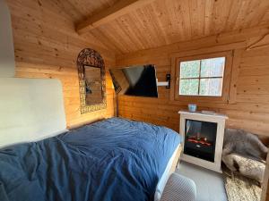 1 dormitorio con cama, TV y chimenea en Chalet d hiver, en Millau