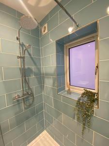 bagno con doccia piastrellata blu e finestra di Salcombe Bolthole Room a Salcombe