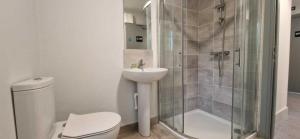 利默里克4BDR Home on Dock Rd Near City Centre的带淋浴、马桶和水槽的浴室