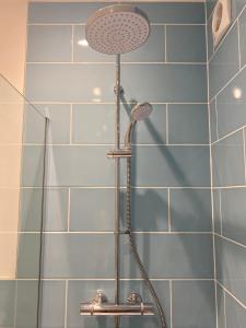 una doccia in un bagno con piastrelle blu di Salcombe Bolthole Room a Salcombe