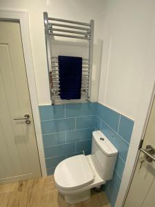 bagno con servizi igienici bianchi e piastrelle blu di Salcombe Bolthole Room a Salcombe