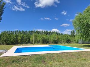 a blue swimming pool in a field with trees at Altandes Cabañas in Vista Flores