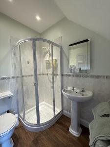 een badkamer met een douche, een toilet en een wastafel bij The Cottage in Borrowdale Valley