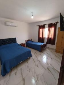 a bedroom with a blue bed and a television at La finca in Fiambalá