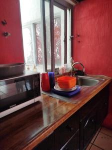 a kitchen counter with a sink and a microwave at Habitación privada en casa de huespedes in Guadalajara