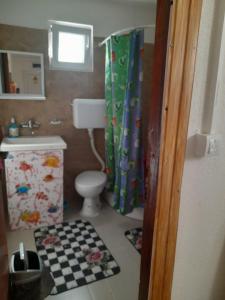 a bathroom with a toilet and a shower curtain at Cezar Slavko Vesna in Čačak