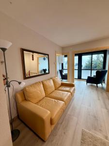 un soggiorno con un divano e uno specchio di Apartamento La Pinada a Tramacastilla de Tena