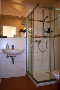 a bathroom with a glass shower and a sink at Fährhaus Gruna in Gruna