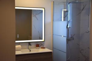a bathroom with a sink and a mirror and a shower at Ti An Eizh - Charming Townhouse - Near Vannes in Treffléan