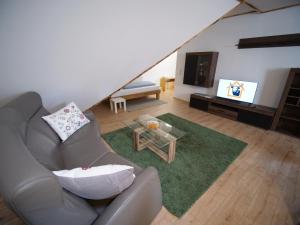 a living room with a couch and a television at Albsteig-Apartments Gruibingen in Gruibingen