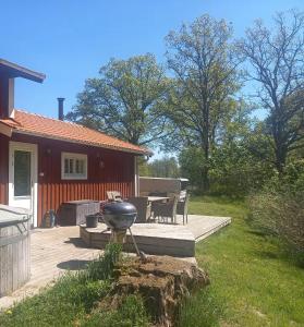 a backyard with a grill and a house at Kringelgården in Stamsmåla