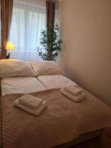 Zwei Handtücher auf einem Bett mit Fenster in der Unterkunft Apartament Toruń Orbita bezpłatny parking in Toruń
