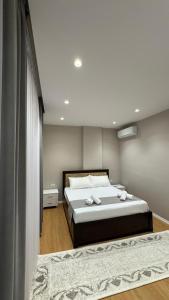 a bedroom with a large bed with a rug at Gloria New Bazaar Apartment in Tirana