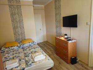 a bedroom with a bed and a dresser with a television at Pipacs Apartman in Makó