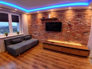 皮拉Apartament Piła Wita的带沙发和砖墙的客厅