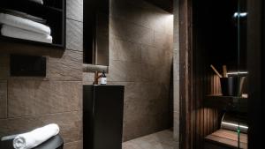 a bathroom with a shower with a toilet and a sink at Halo Igloos Resort in Rovaniemi +75 photos