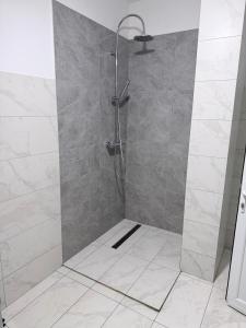 a bathroom with a shower with a glass door at Taverna to Petrino in Craiova +1 photo