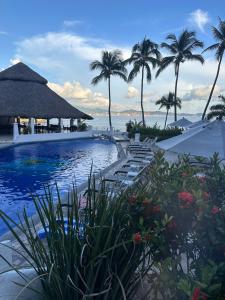 a resort swimming pool with chairs and palm trees at Santorini, loft frente al mar in Manzanillo