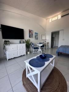 a living room with a large flat screen tv at Santorini, loft frente al mar in Manzanillo