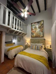 圣米格尔-德阿连德Casa Quintana的一间带两张床和吊扇的卧室