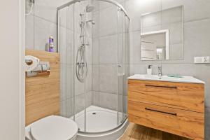 une salle de bains avec douche, toilettes et lavabo dans l'établissement Central Platinum Apartments 4, à Rybnik