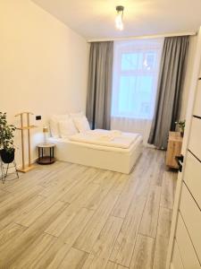 una camera da letto con un letto e una grande finestra di Apartment Natali a Karlovy Vary