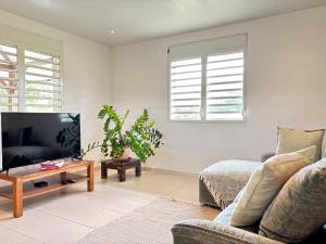 Rémire-CampVilla MezzaWork - Plage - Terrasse - 1 à 3 chambres的客厅里有一张沙发和一台电视